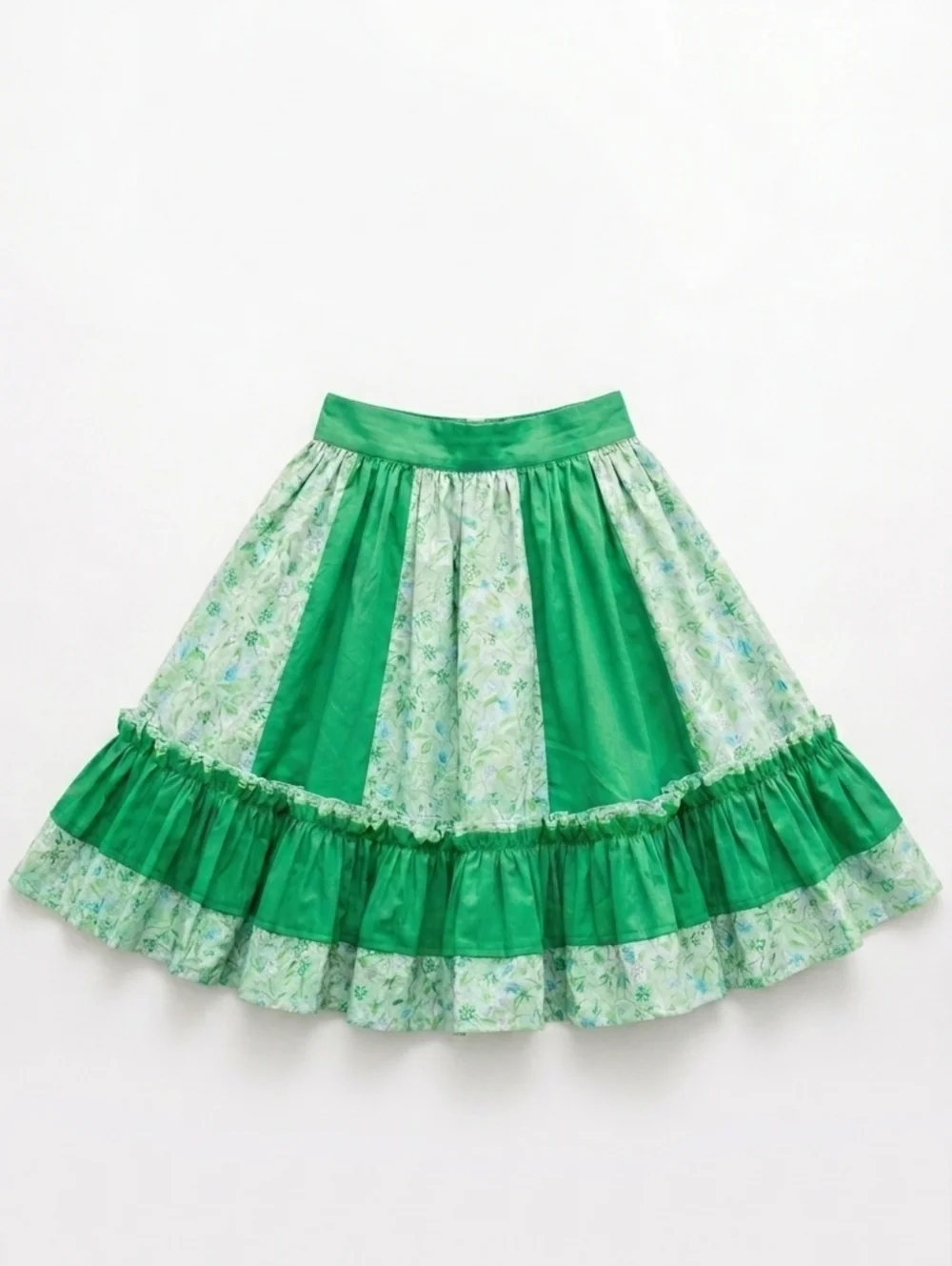 Vintage Green Floral Cotton Square Dance Skirt Cottagecore Prairie Ruffle